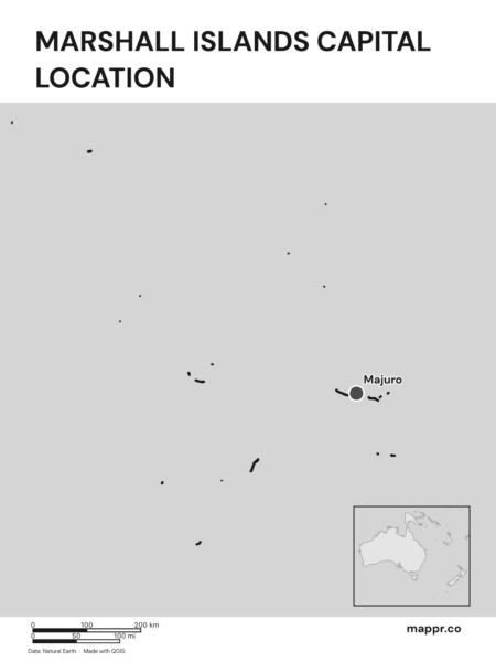 Detailed map pinpointing Majuro, the capital of Marshall Islands (black and white).