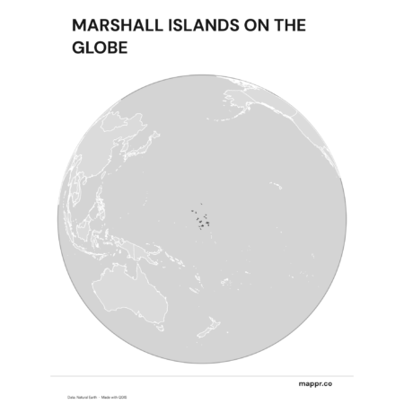 A map highlighting Marshall Islands's location on a globe, marked with a red outline (black and white).