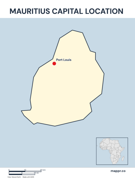 Detailed map pinpointing Port Louis, the capital of Mauritius.