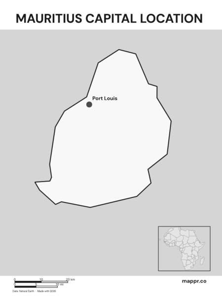 Detailed map pinpointing Port Louis, the capital of Mauritius (black and white).