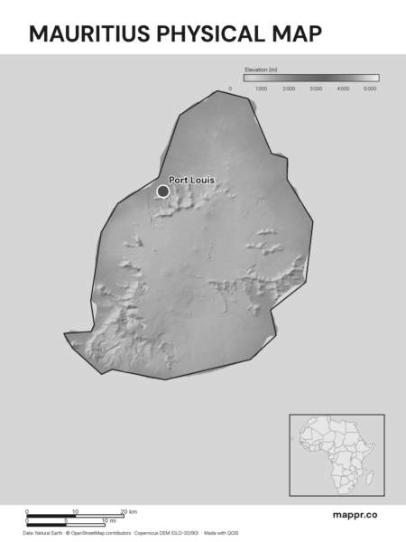 Map featuring Port Louis, the capital of Mauritius, with rich topographical detail (black and white).