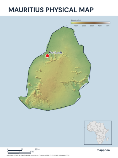 Map featuring Port Louis, the capital of Mauritius, with rich topographical detail.