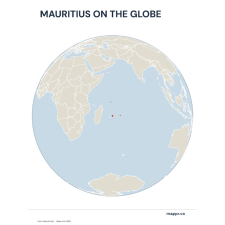 A map highlighting Mauritius's location on a globe, marked with a red outline.