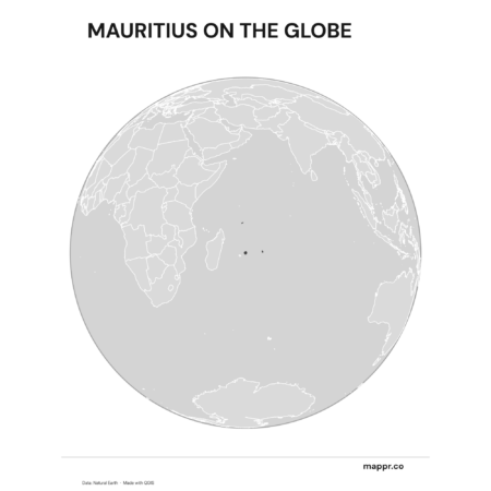 A map highlighting Mauritius's location on a globe, marked with a red outline (black and white).