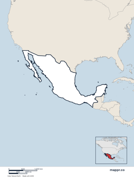 Blank political map of Mexico showing its international borders without labels.