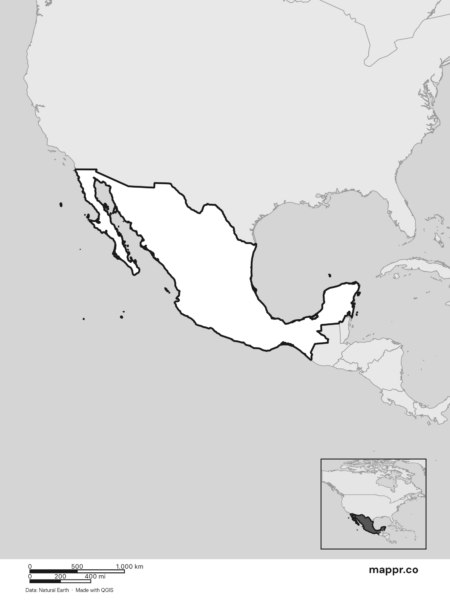Blank political map of Mexico showing its international borders without labels (black and white).