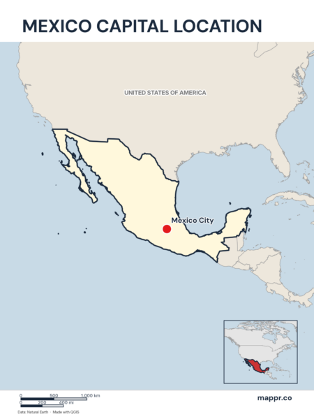Detailed map pinpointing Mexico City, the capital of Mexico.