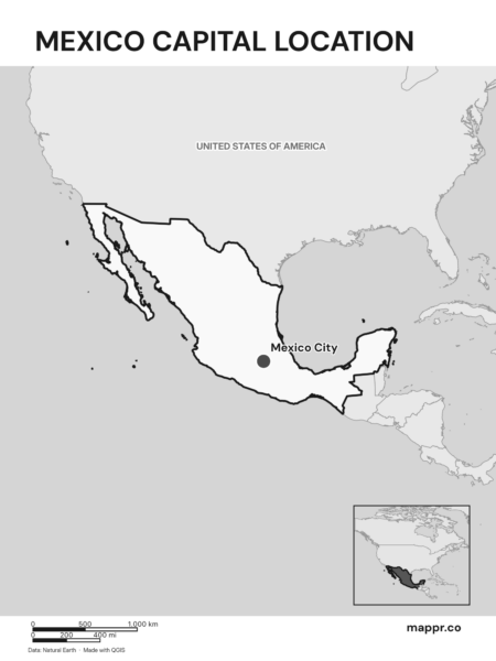 Detailed map pinpointing Mexico City, the capital of Mexico (black and white).
