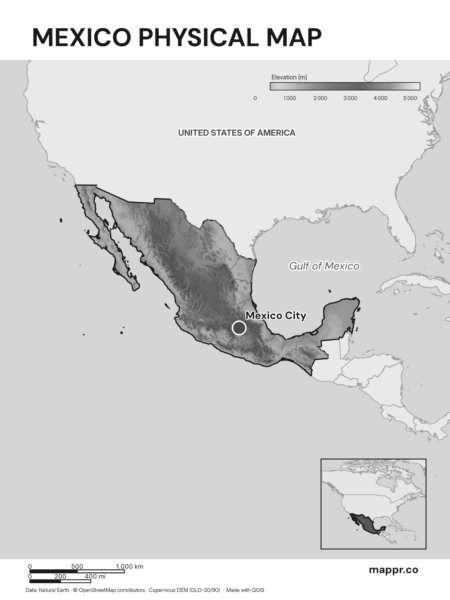 Map featuring Mexico City, the capital of Mexico, with rich topographical detail (black and white).