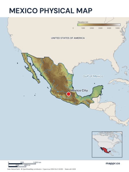 Map featuring Mexico City, the capital of Mexico, with rich topographical detail.