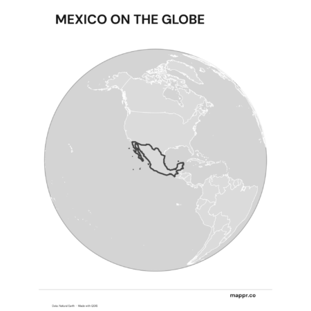 A map highlighting Mexico's location on a globe, marked with a red outline (black and white).