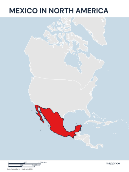 A map highlighting Mexico's location on the north american continent.