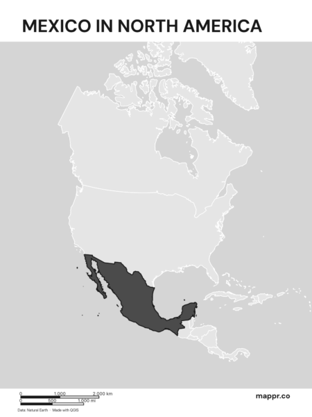 A map highlighting Mexico's location on the north american continent (black and white).