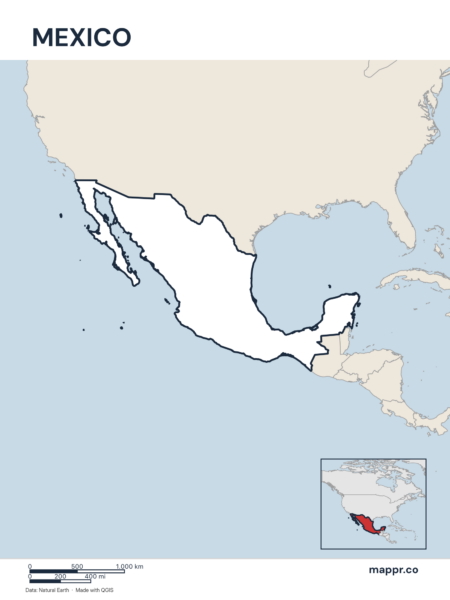 Outline map of Mexico with detailed country borders, showcasing its geographical shape.