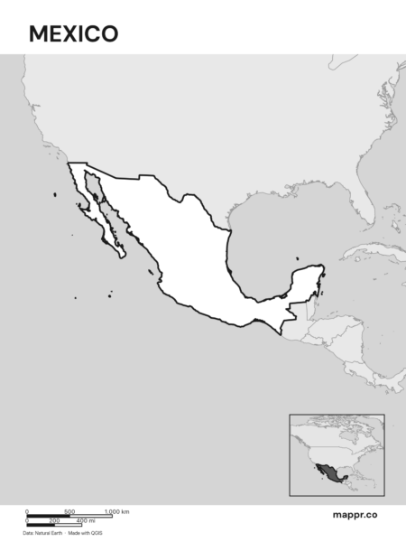 Outline map of Mexico with detailed country borders, showcasing its geographical shape (black and white).