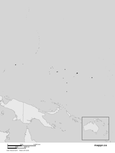 Blank political map of Micronesia showing its international borders without labels (black and white).