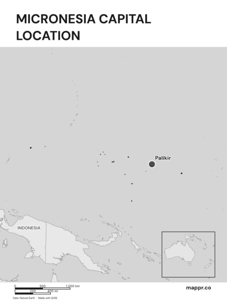 Detailed map pinpointing Palikir, the capital of Micronesia (black and white).