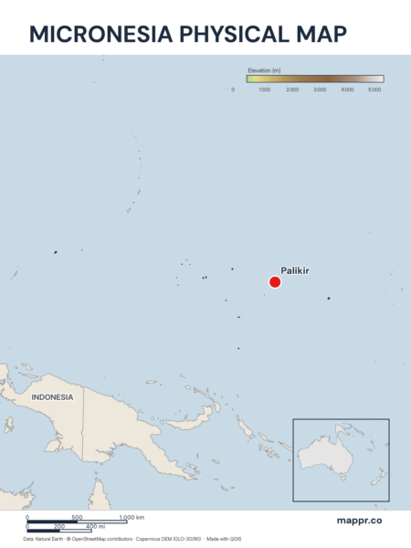 Map featuring Palikir, the capital of Micronesia, with rich topographical detail.