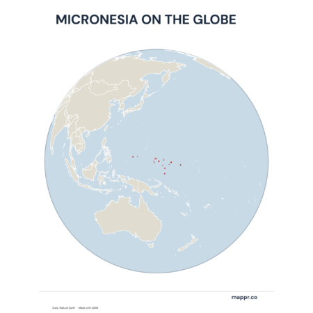 A map highlighting Micronesia's location on a globe, marked with a red outline.