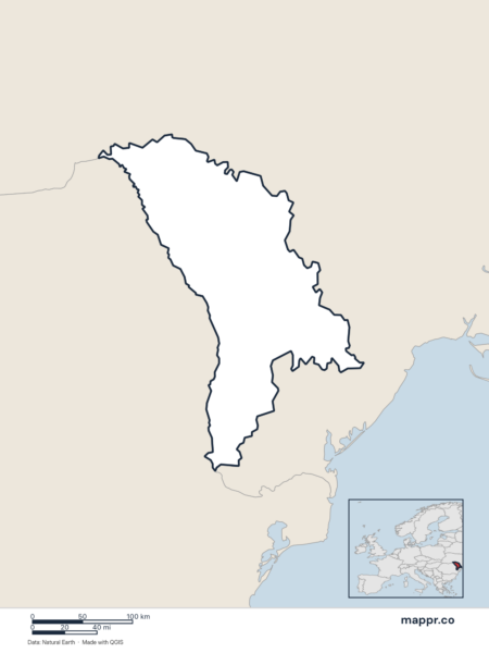 Blank political map of Moldova showing its international borders without labels.