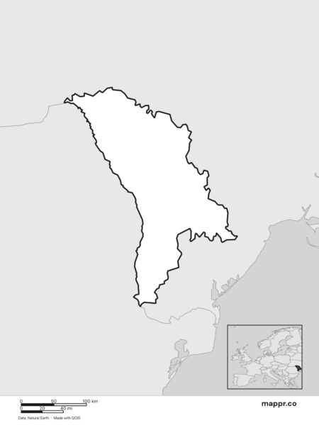Blank political map of Moldova showing its international borders without labels (black and white).
