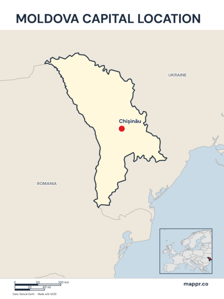 Detailed map pinpointing Chișinău, the capital of Moldova.