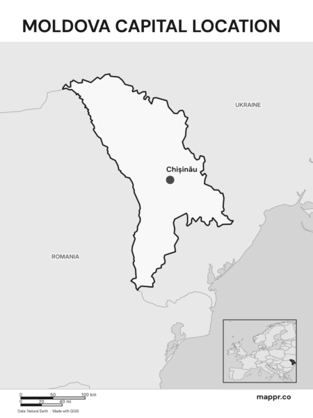 Detailed map pinpointing Chișinău, the capital of Moldova (black and white).