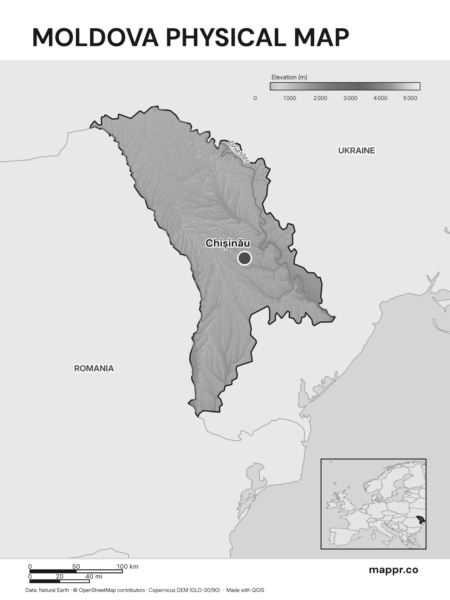 Map featuring Chișinău, the capital of Moldova, with rich topographical detail (black and white).