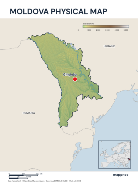 Map featuring Chișinău, the capital of Moldova, with rich topographical detail.