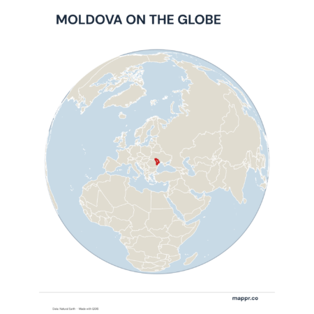 A map highlighting Moldova's location on a globe, marked with a red outline.
