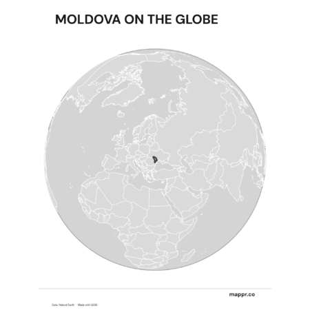 A map highlighting Moldova's location on a globe, marked with a red outline (black and white).