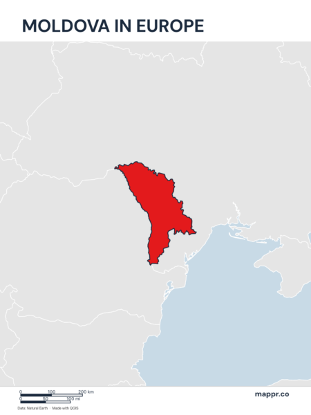 A map highlighting Moldova's location on the european continent.