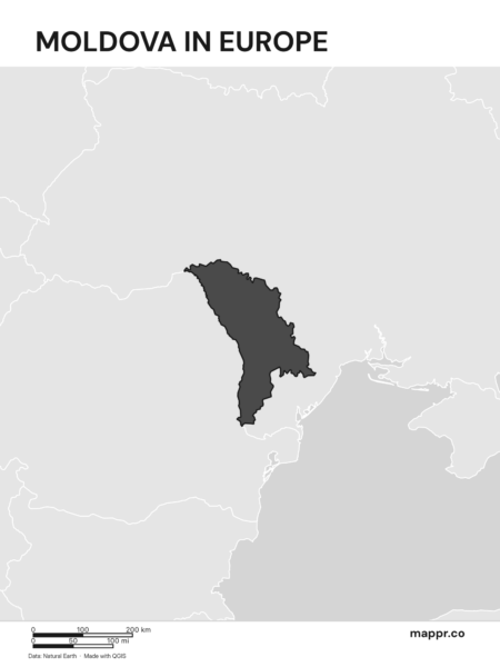 A map highlighting Moldova's location on the european continent (black and white).