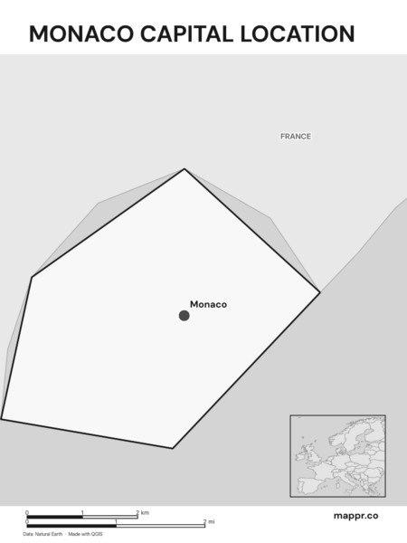 Detailed map pinpointing Monaco, the capital of Monaco (black and white).