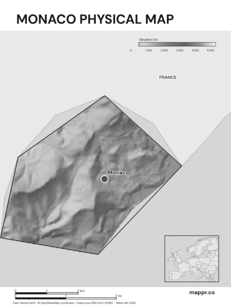 Map featuring Monaco, the capital of Monaco, with rich topographical detail (black and white).