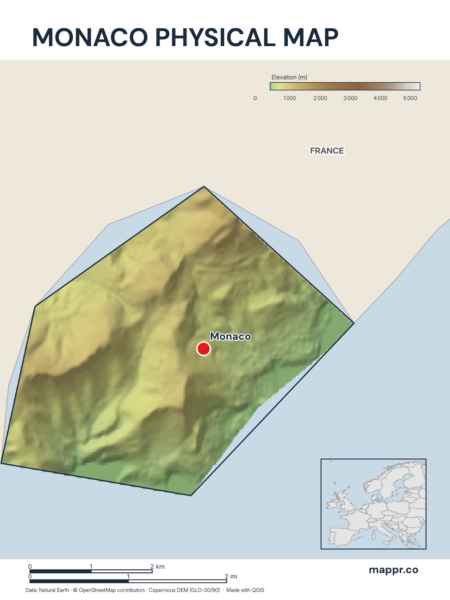 Map featuring Monaco, the capital of Monaco, with rich topographical detail.