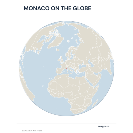A map highlighting Monaco's location on a globe, marked with a red outline.
