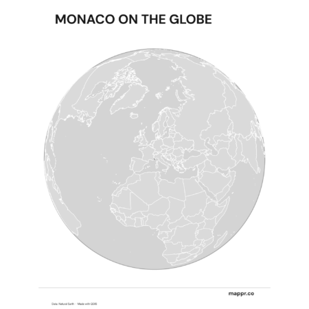 A map highlighting Monaco's location on a globe, marked with a red outline (black and white).