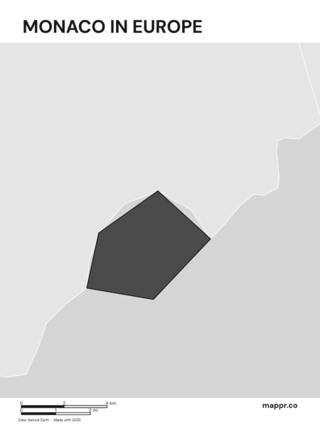 A map highlighting Monaco's location on the european continent (black and white).