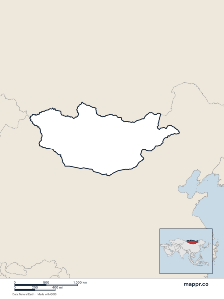 Blank political map of Mongolia showing its international borders without labels.