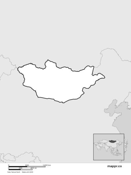 Blank political map of Mongolia showing its international borders without labels (black and white).