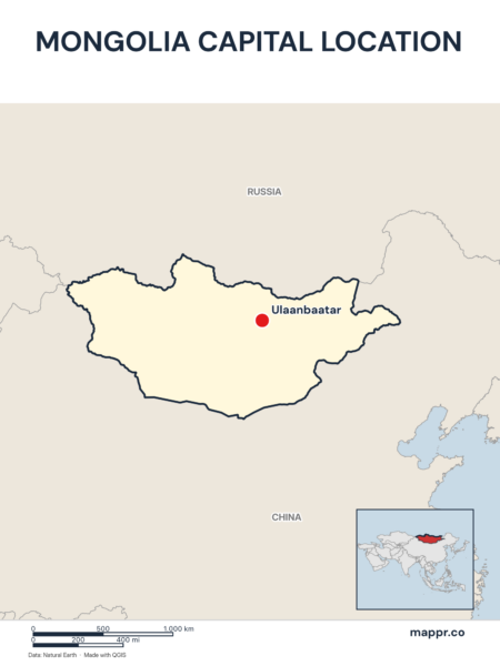 Detailed map pinpointing Ulaanbaatar, the capital of Mongolia.