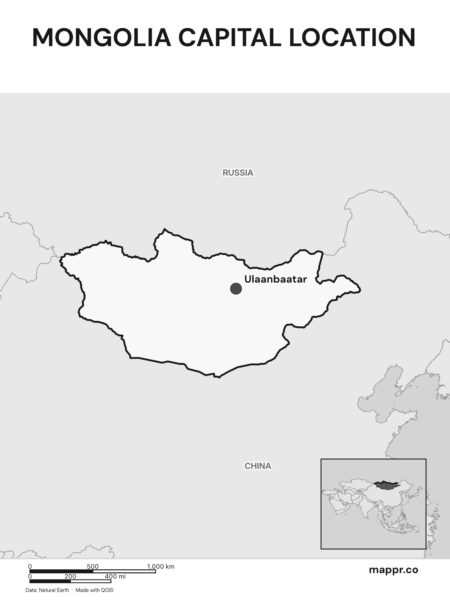 Detailed map pinpointing Ulaanbaatar, the capital of Mongolia (black and white).