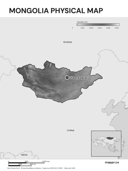 Map featuring Ulaanbaatar, the capital of Mongolia, with rich topographical detail (black and white).