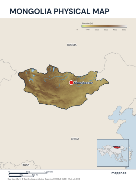 Map featuring Ulaanbaatar, the capital of Mongolia, with rich topographical detail.