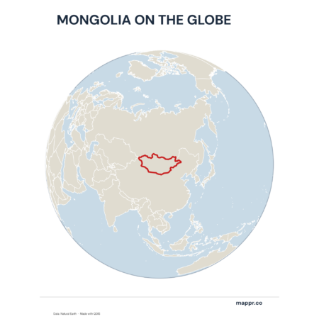 A map highlighting Mongolia's location on a globe, marked with a red outline.