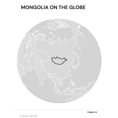 A map highlighting Mongolia's location on a globe, marked with a red outline (black and white).