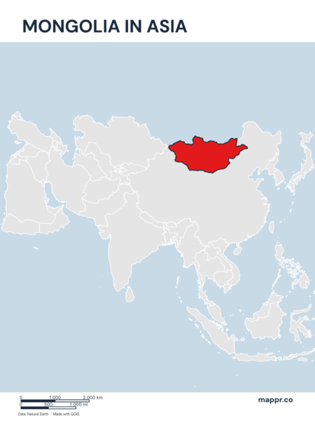 A map highlighting Mongolia's location on the asian continent.