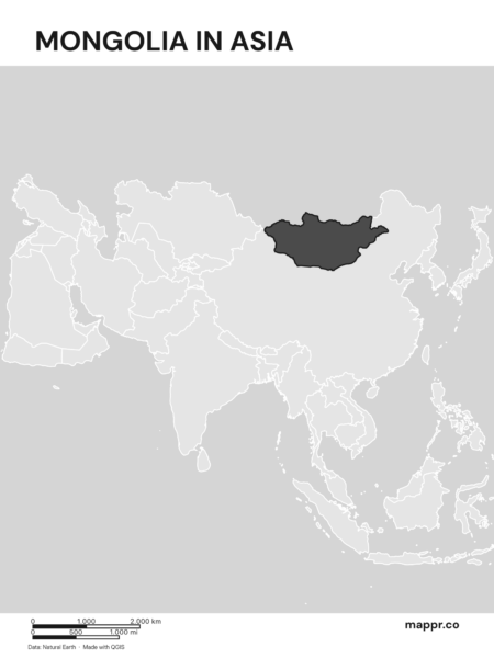 A map highlighting Mongolia's location on the asian continent (black and white).