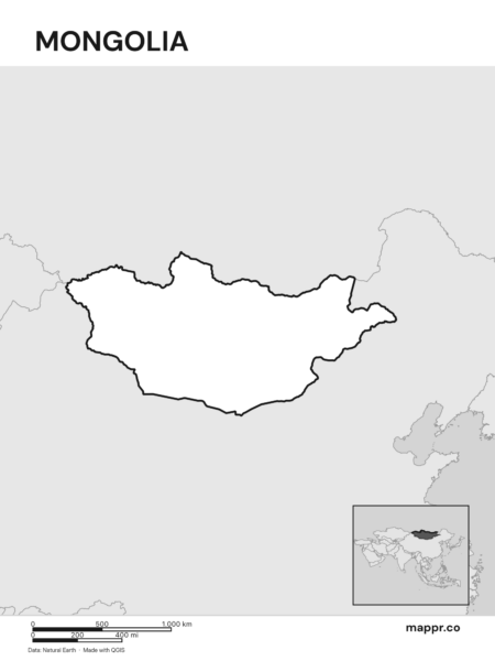 Outline map of Mongolia with detailed country borders (black and white).